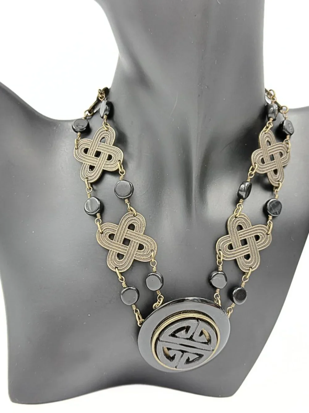 Jan Michaels Signed San Francisco Onyx Celtic Asian Fusion Brass Tribal Necklace